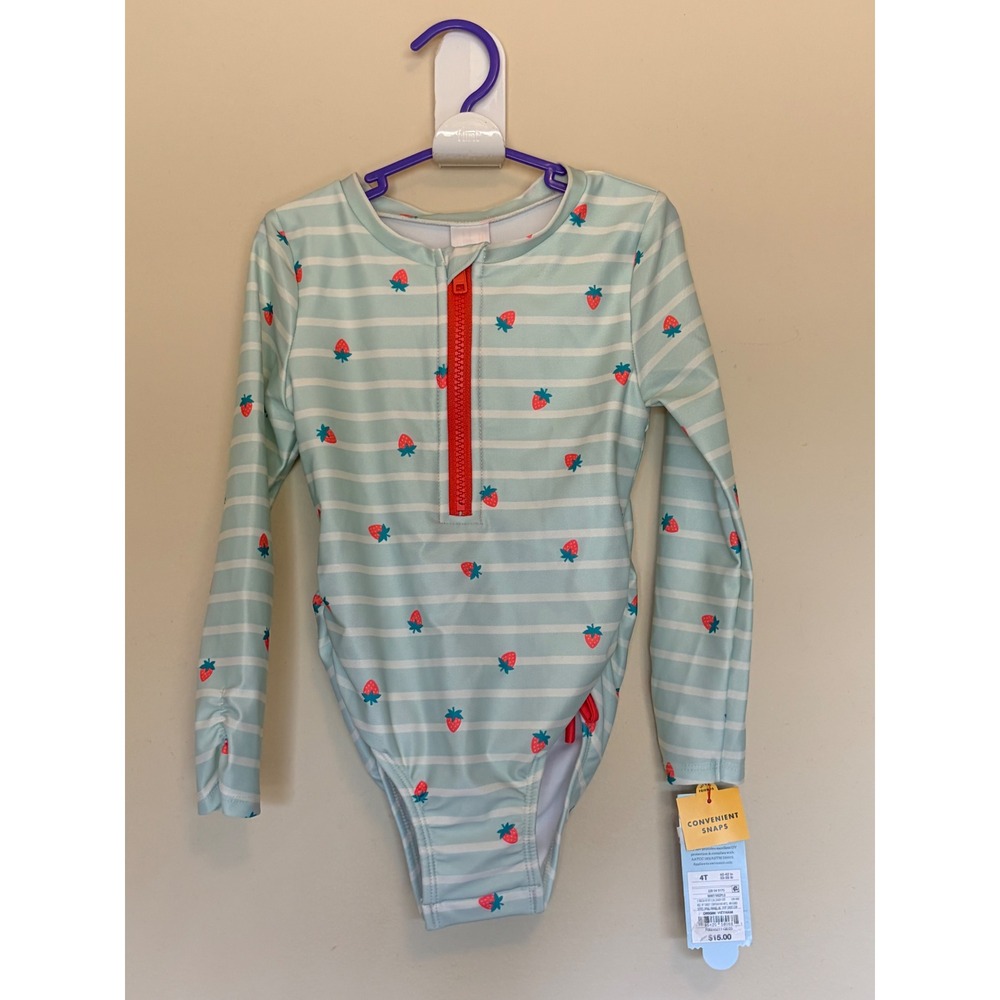 Cat & Jack Strawberry Stripe Rash Guard Swim Bathing Suit Toddler 4T NEW NWT